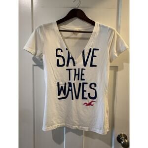 Y2K Hollister Top Large Save the Waves V-Neck White Vintage